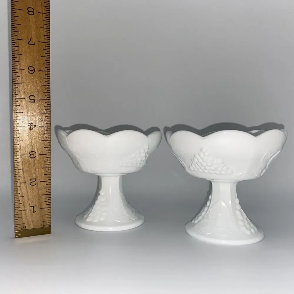 Pair of Vintage Indiana Colony Harvest Grape Milk Glass Pedestal Candle Holder
